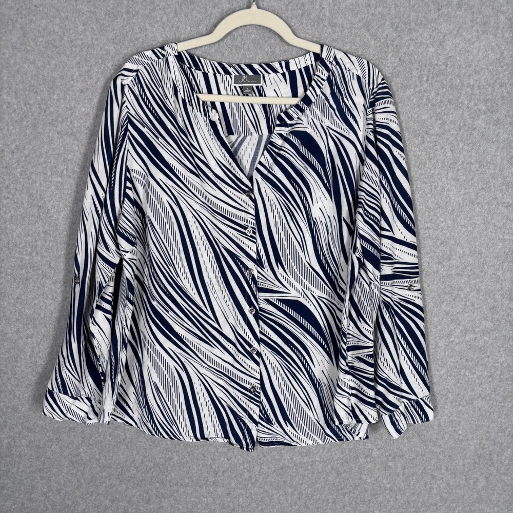 JM Collection Linen Blend Button Blouse Large Navy White Abstract Artsy Coastal